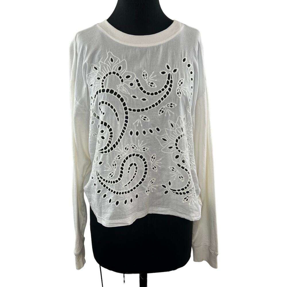 Urban Outfitters White Top Crew Neck Paisley Eyelet Embroidered Size L Large